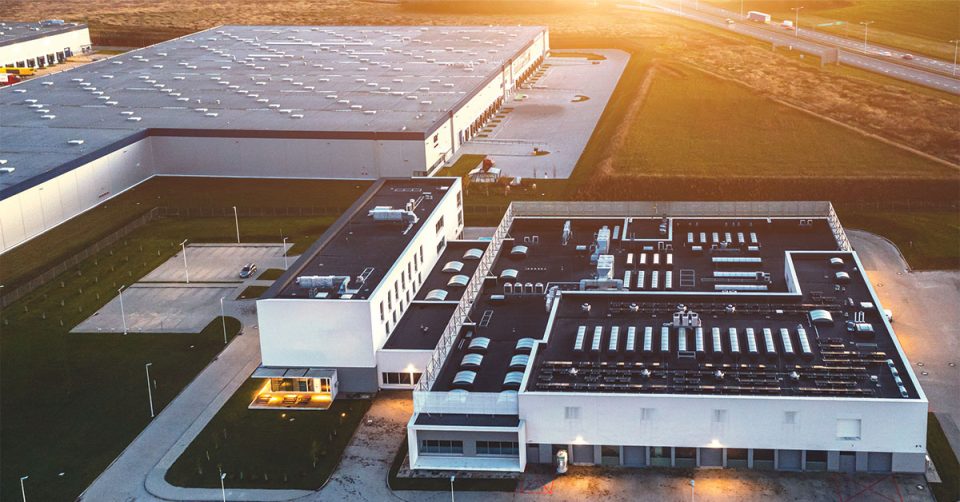 aerial picture of large commercial buildings after a new roof install