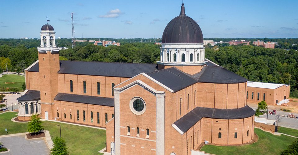 aerial shot of a large church roof before restoration
